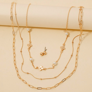 Clover And Pearl Station Charms Layered Chain Necklace Set