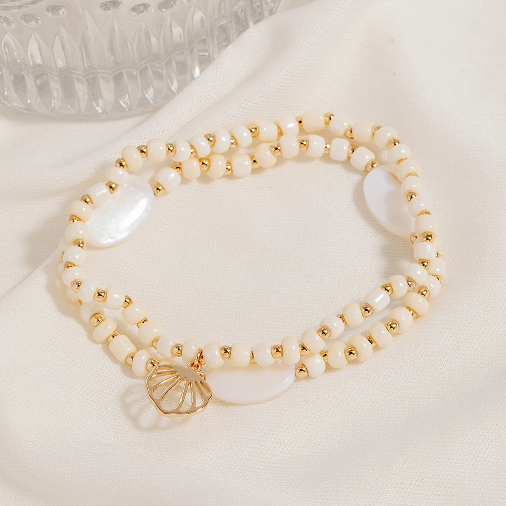 Pearl And Metallic Clam Charm Beaded Bracelet Set