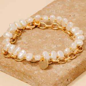 Coin Charm Pearl Beads And Chain Layered Bracelet