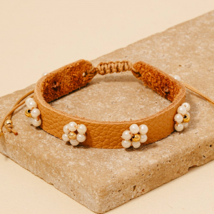 Pearl Flower Station Leather Cord Bracelet