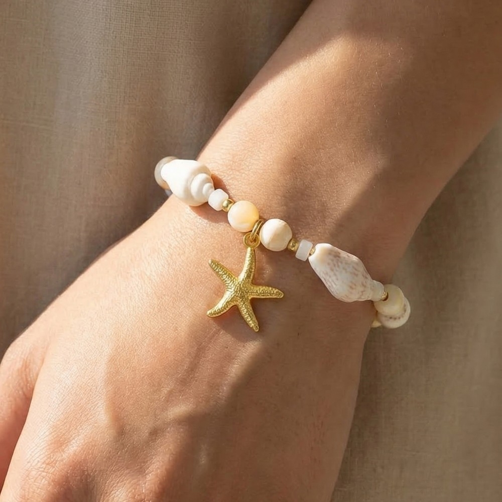 Starfish Pendant And Conch Shell Beaded Bracelet