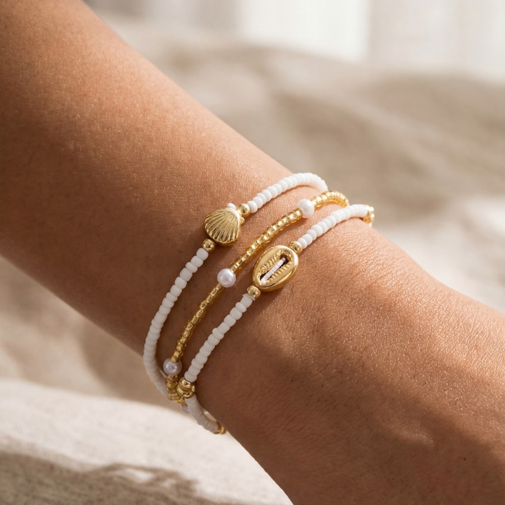 Cowrie And Clam Shell Mixed Beaded Bracelet Set