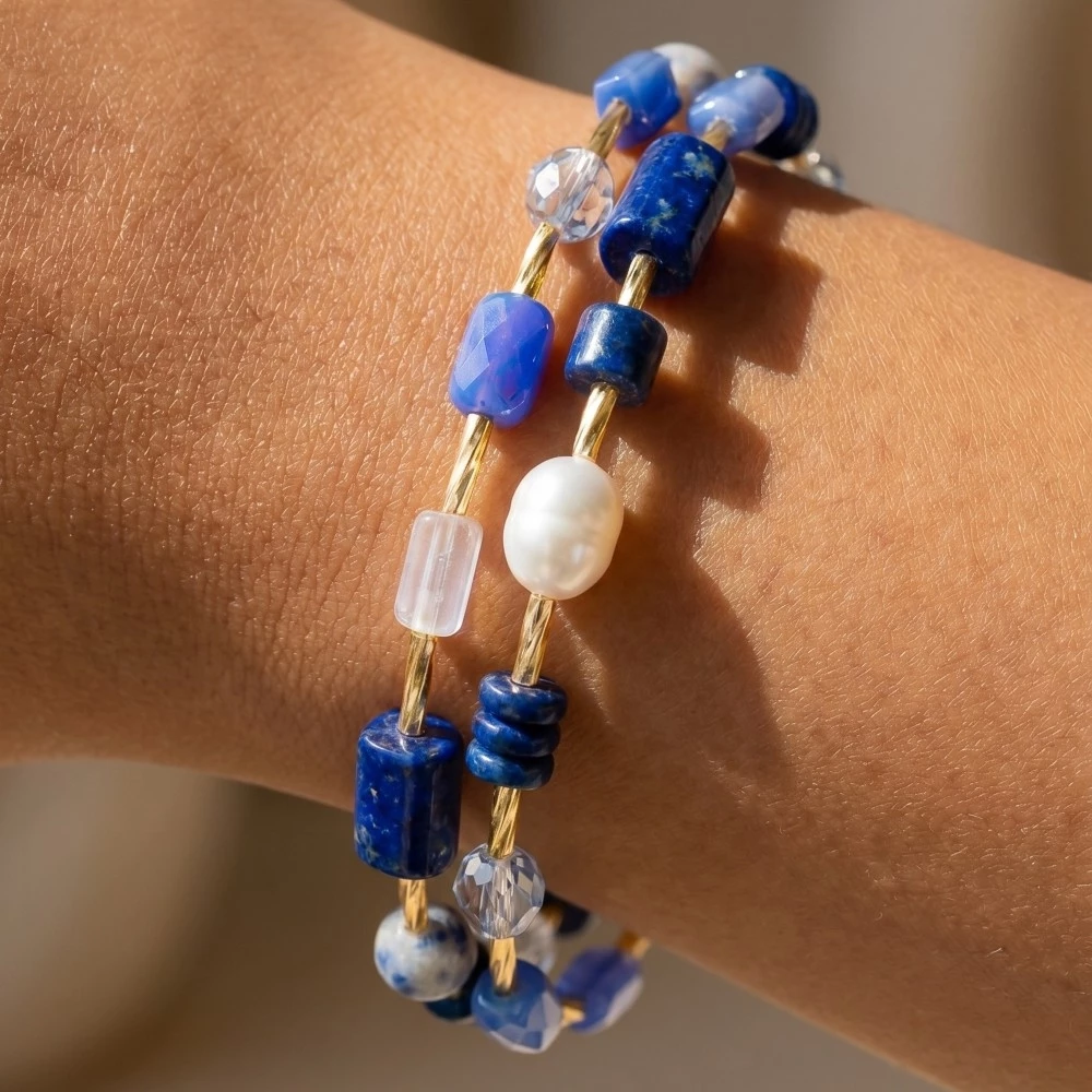 Pearl And Stone Beaded Elastic Bracelet Set