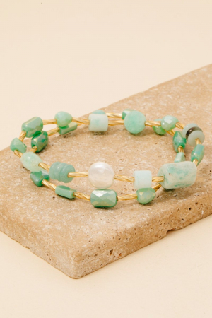 Pearl And Stone Beaded Elastic Bracelet Set