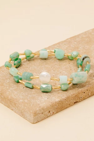Pearl And Stone Beaded Elastic Bracelet Set
