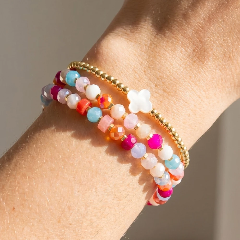 Shell Clover Multi Bead Layer Stretch Bracelet