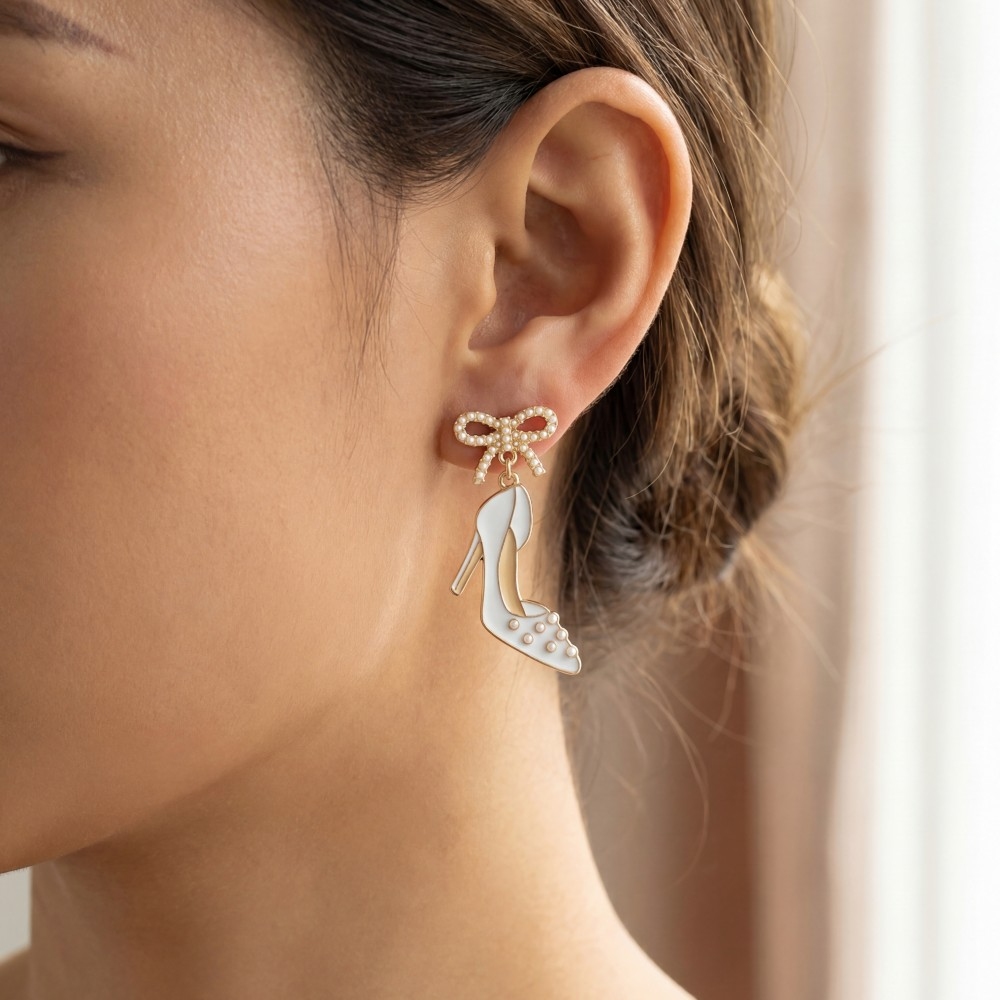Enamel High Heels And Bow Stud Dangle Earrings