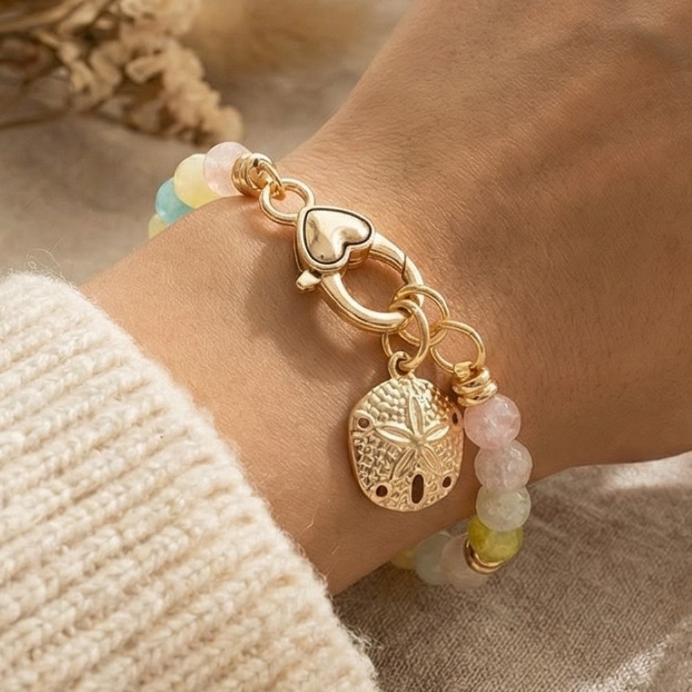 Sand Dollar Charm And Heart Clasp Glass Beaded Bracelet