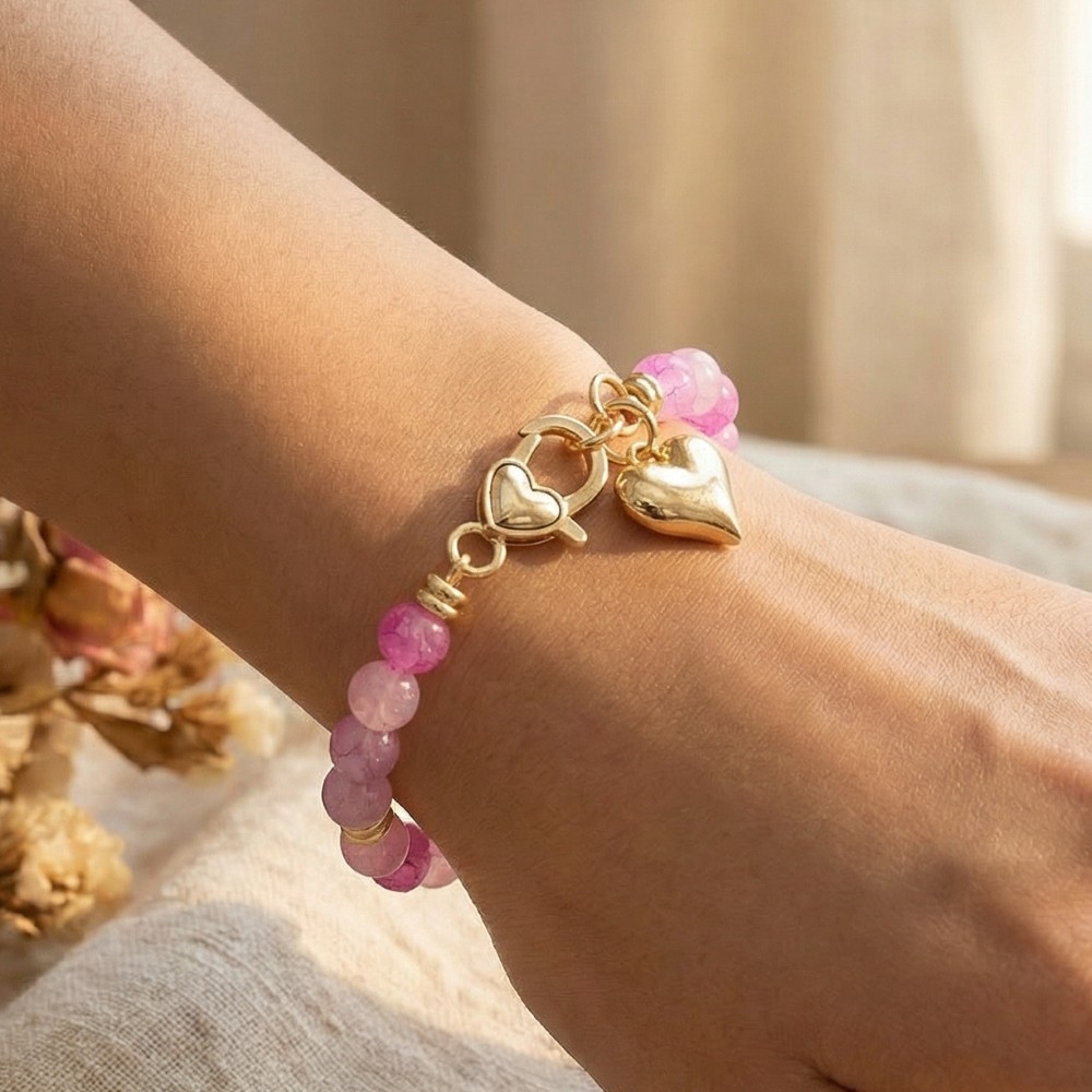 Heart Charm And Clasp Glass Beaded Bracelet