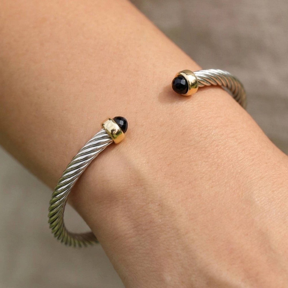 Gold Dipped Faceted Stone Ends Twisted Cuff Bracelet