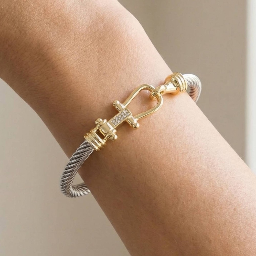Gold Dipped Two Tone Hook Latch Bangle Bracelet