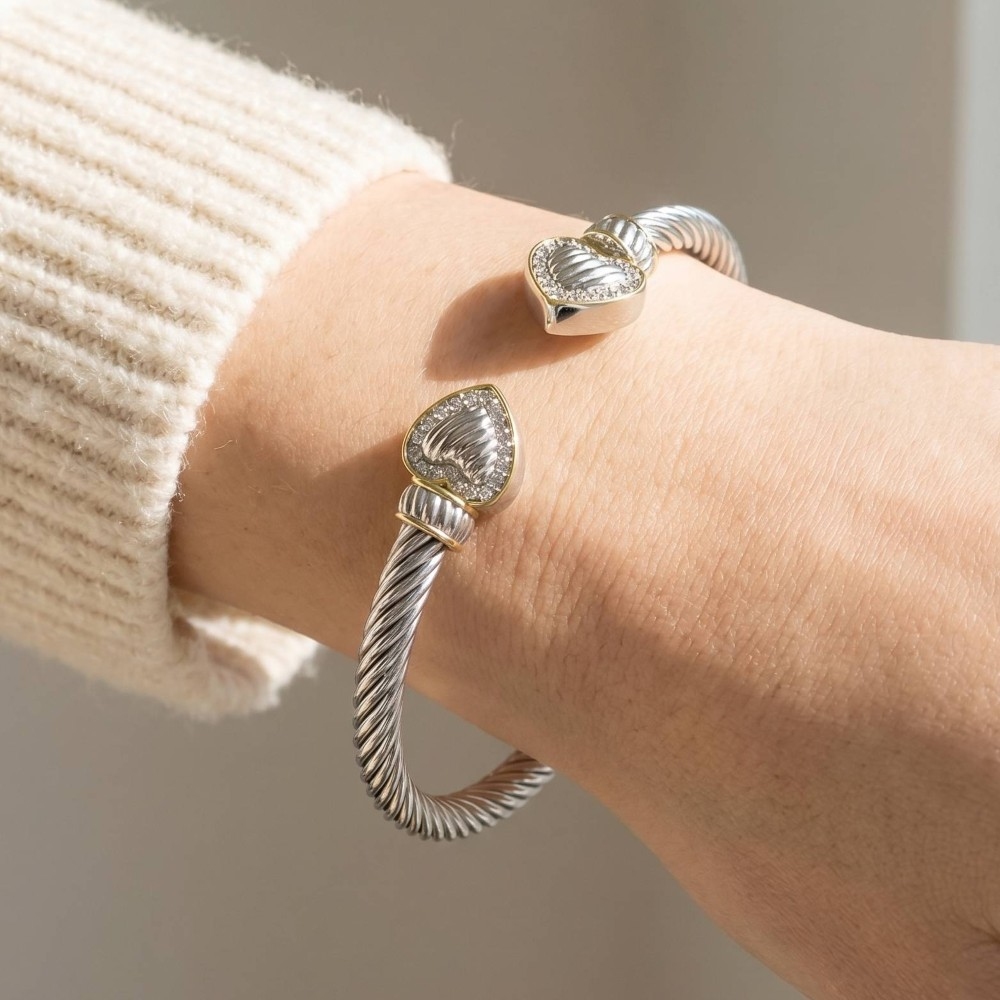 Two-Tone Cable Wire Cz Heart End Caps Cuff Bracelet