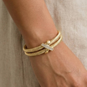 Gold Dipped Layered Two Tone Cz Rope Cuff Bracelet