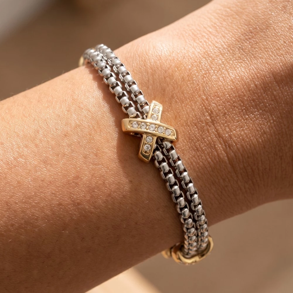 2 Tone Gold Plated Cz Pave Double Rope Chain Bracelet