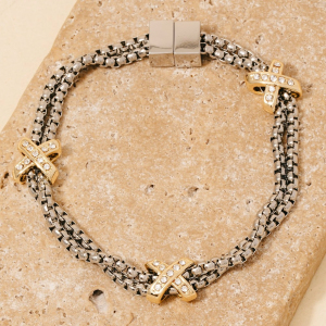 2 Tone Gold Plated Cz Pave Double Rope Chain Bracelet