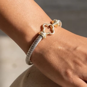 Two Tone Cable Twist Clover Hook Bangle Bracelet