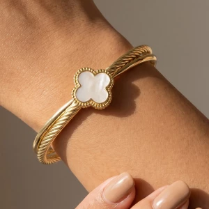 Mother Of Pearl Clover Cable Crossover Cuff Bracelet