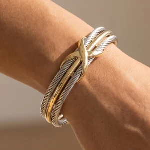 Two Tone Triple Row Cable X Crossover Cuff Bracelet