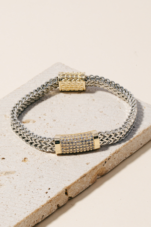 Cz Pave Bar 2 Tone Layered Chains Magnetic Bracelet