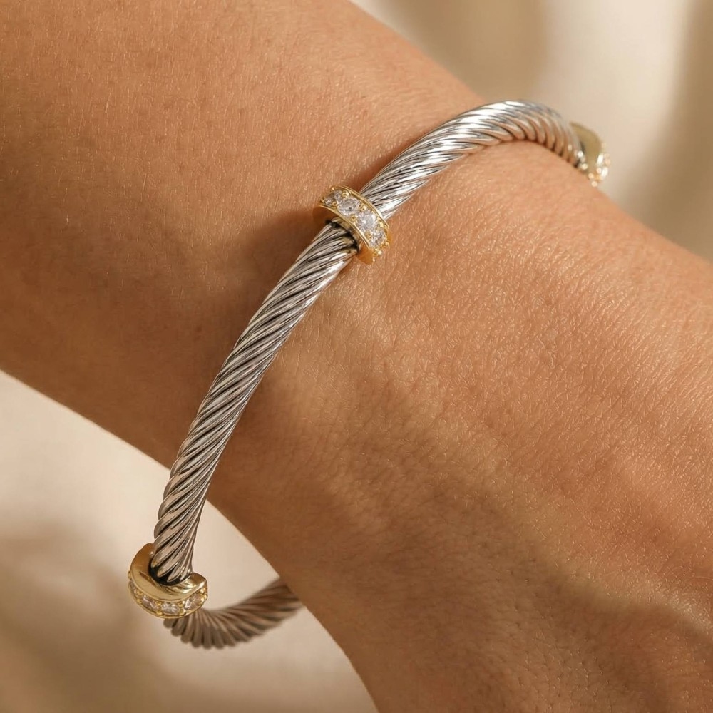 Two Tone Cz Station Rope Cuff Bracelet