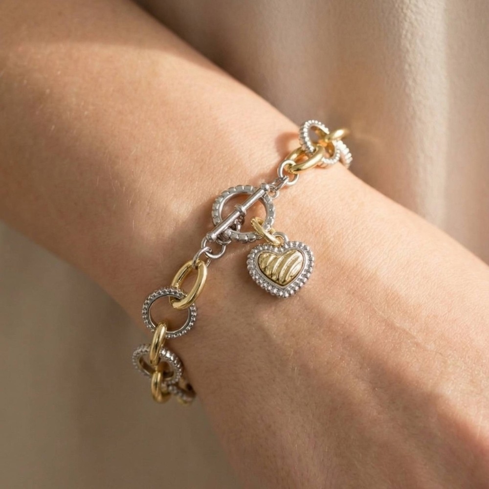 Gold Dipped Two Tone Heart Charm Toggle Chain Bracelet