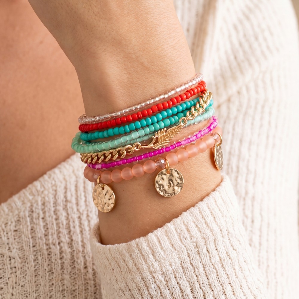 Boho Multicolor Beaded Stretch Bracelet Set