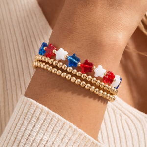 Patriotic Star Bead & Gold Ball Stretch Bracelet Set