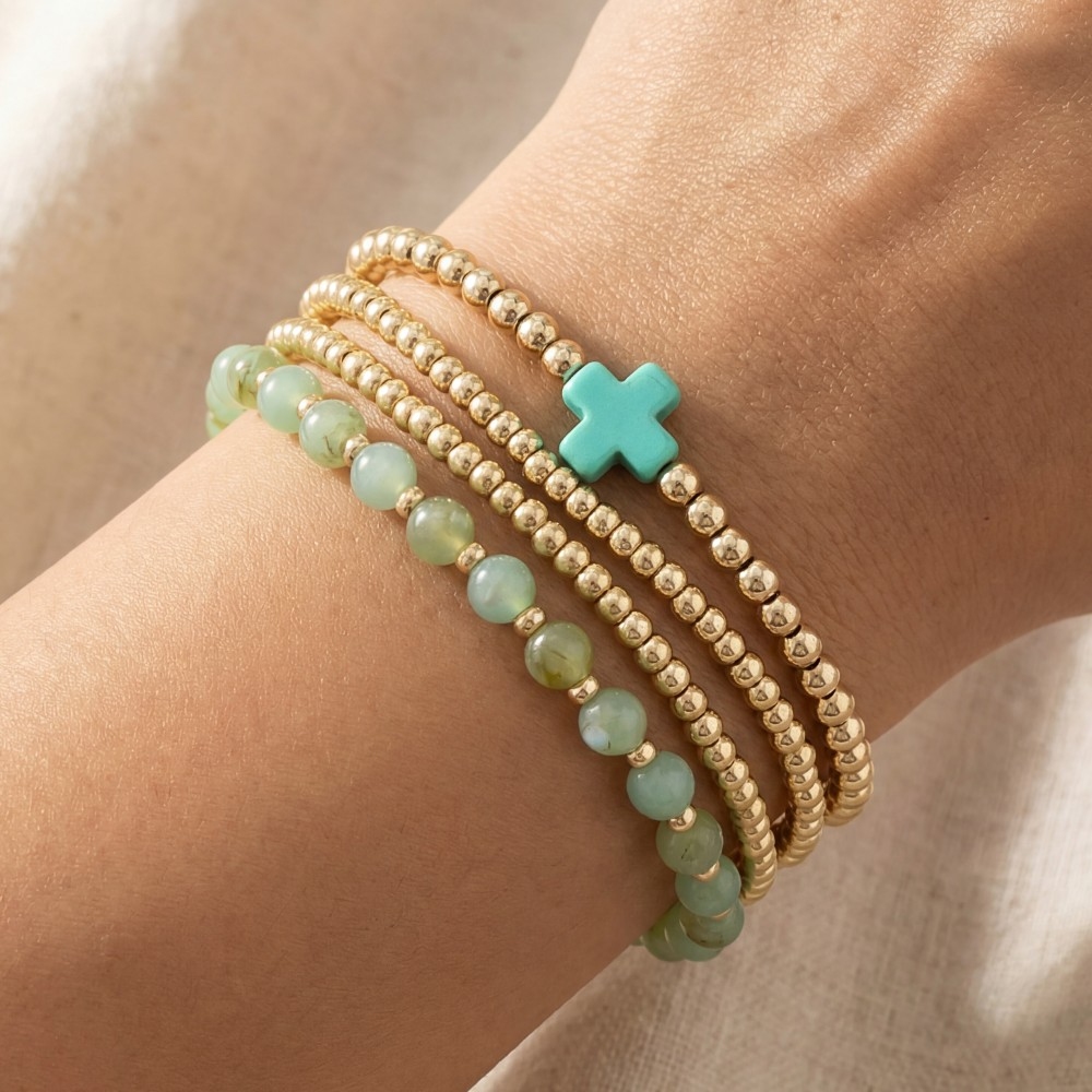 Cross Charm Glass And Metallic Beaded Bracelet Set