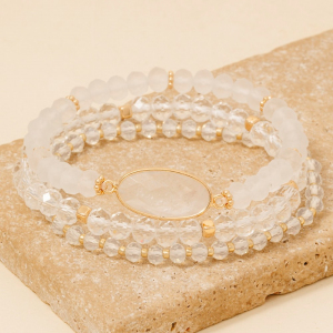 Faceted Oval Stone Charm Mixed Beaded Bracelet Set