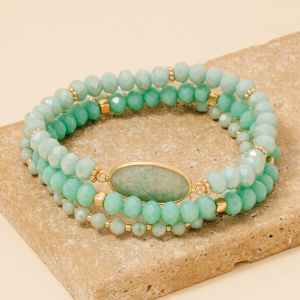 Faceted Oval Stone Charm Mixed Beaded Bracelet Set