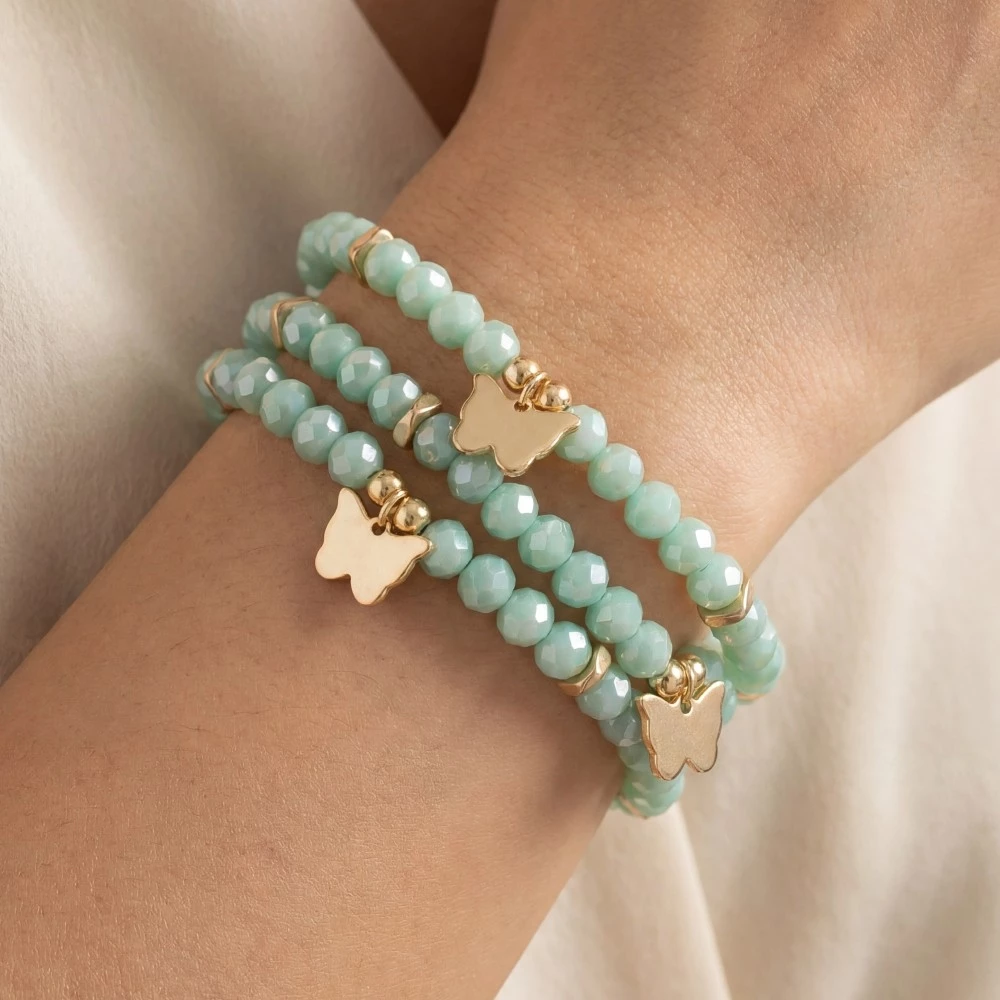 Butterfly Charms Faceted Beaded Bracelet Set