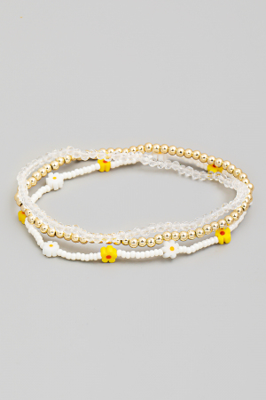 Stainless Steel Mini Flower Charms Layered Beaded Bracelet Set