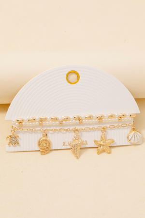 Mixed Sea Shell Charms Beaded Bracelet Set