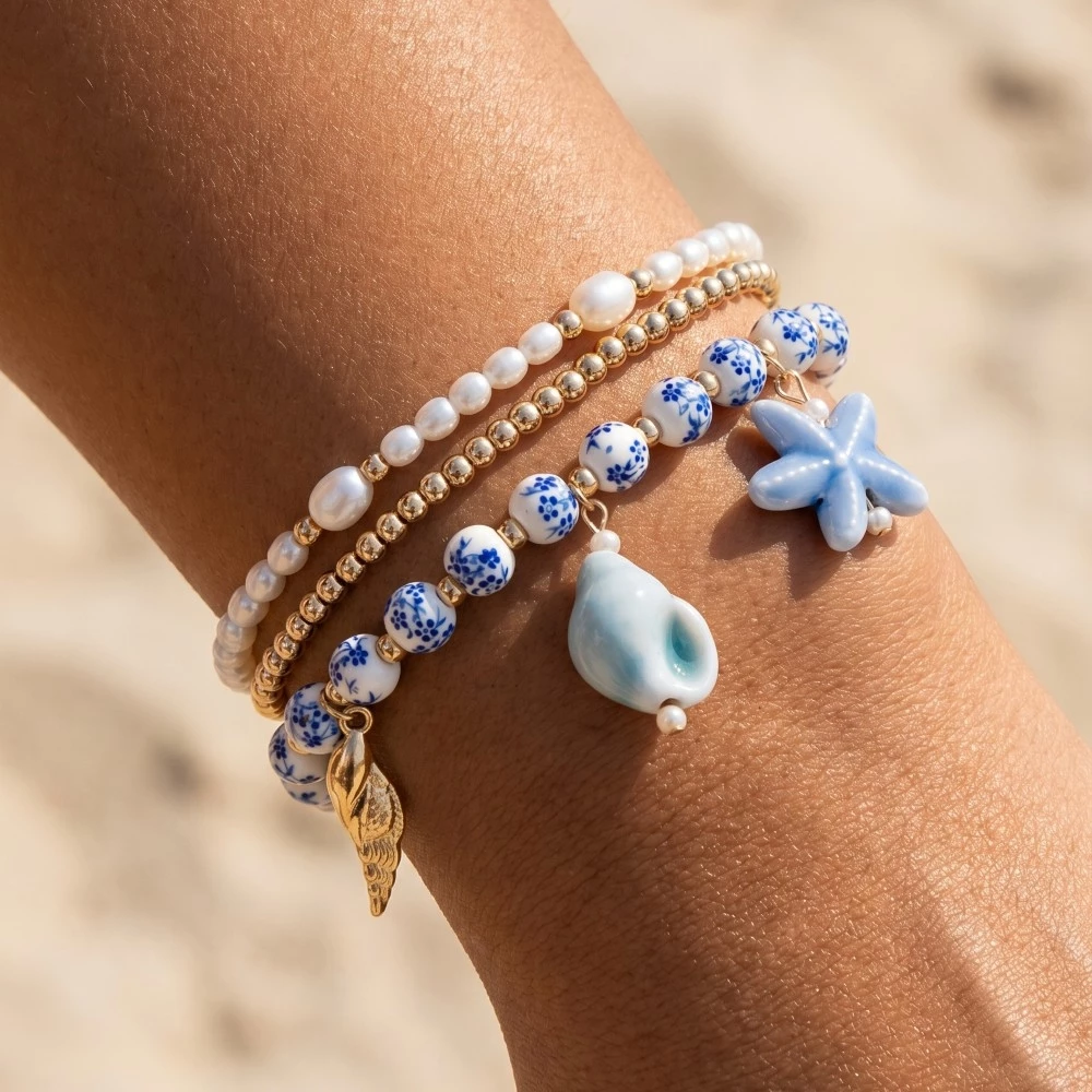 Sea Life Charms Floral Ceramic And Pearl Beaded Bracelet Set