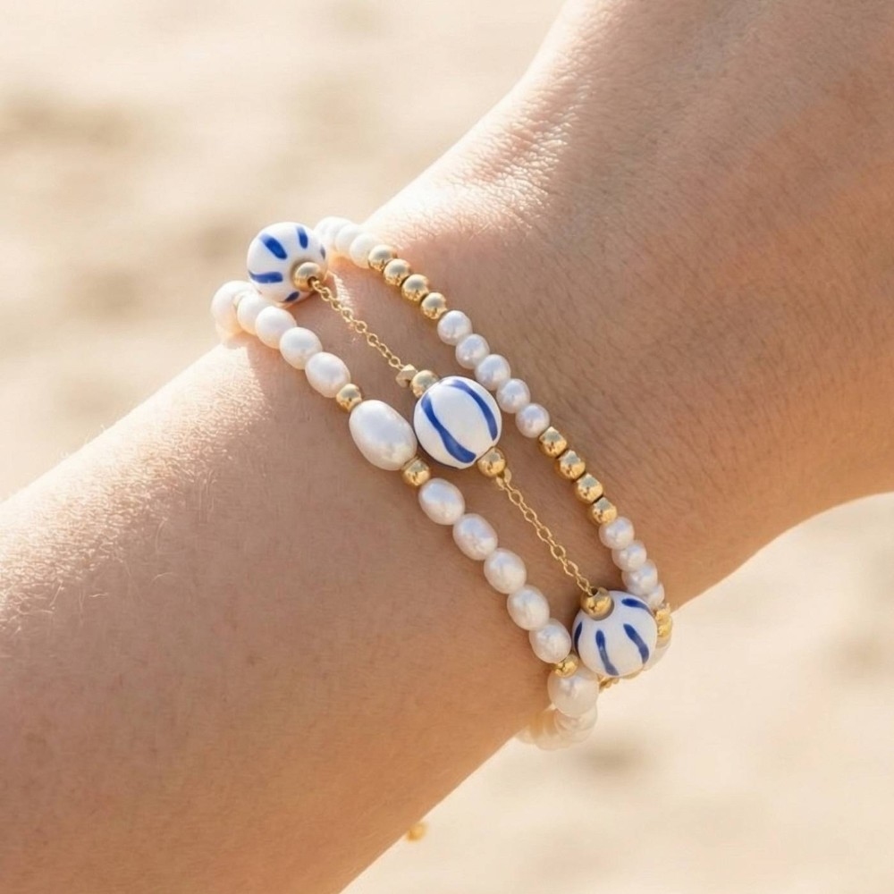 Pearl And Ceramic Beaded Bracelet Set