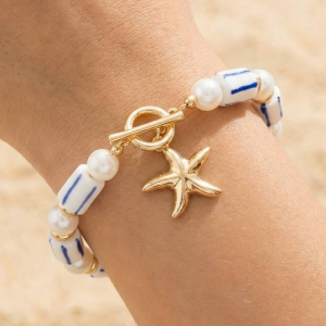 Pearl And Ceramic Beads Starfish Toggle Chain Bracelet