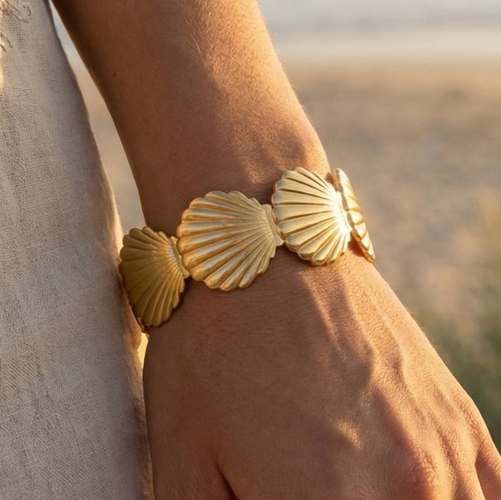 Scallop Sea Shell Wide Cuff Bracelet
