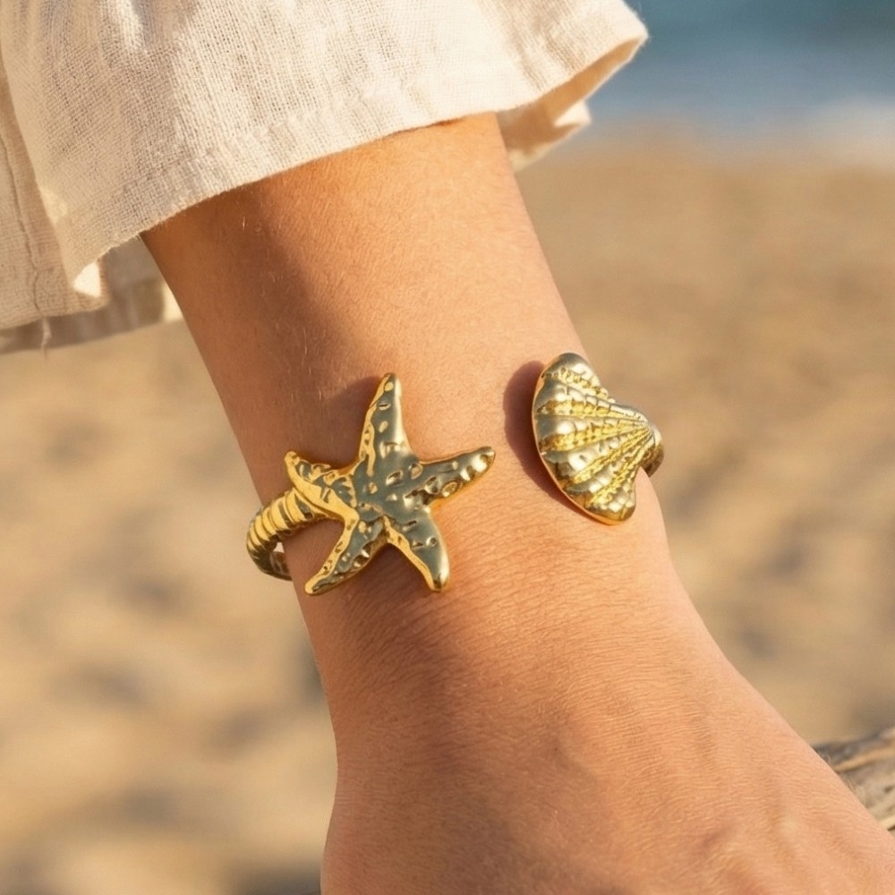 Starfish Sea Shell Open Cuff Bracelet