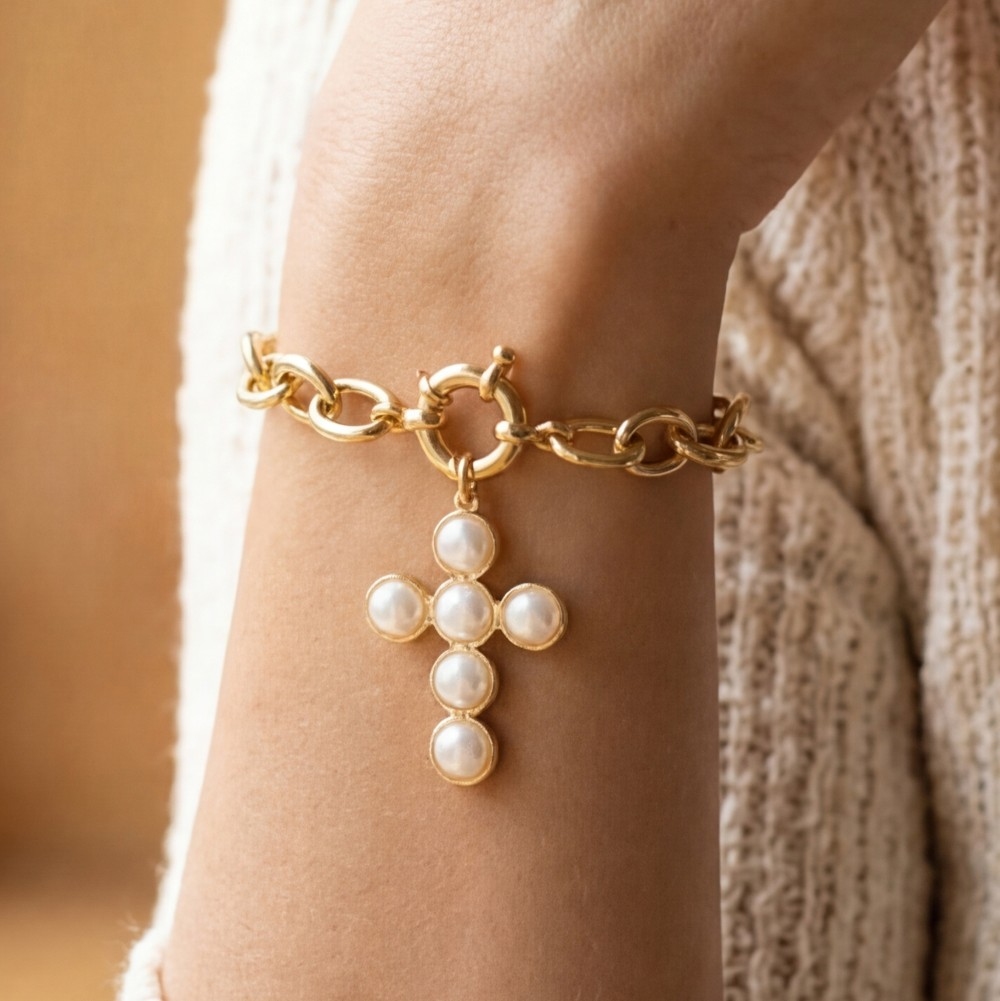 Chain Pearl Cross Charm Bracelet