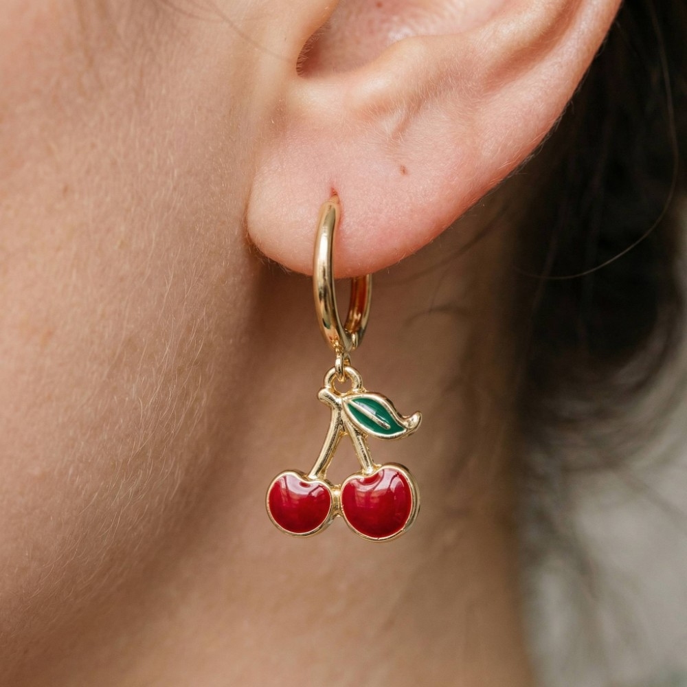 Epoxy Resin Cherry Charm Hoop Earrings