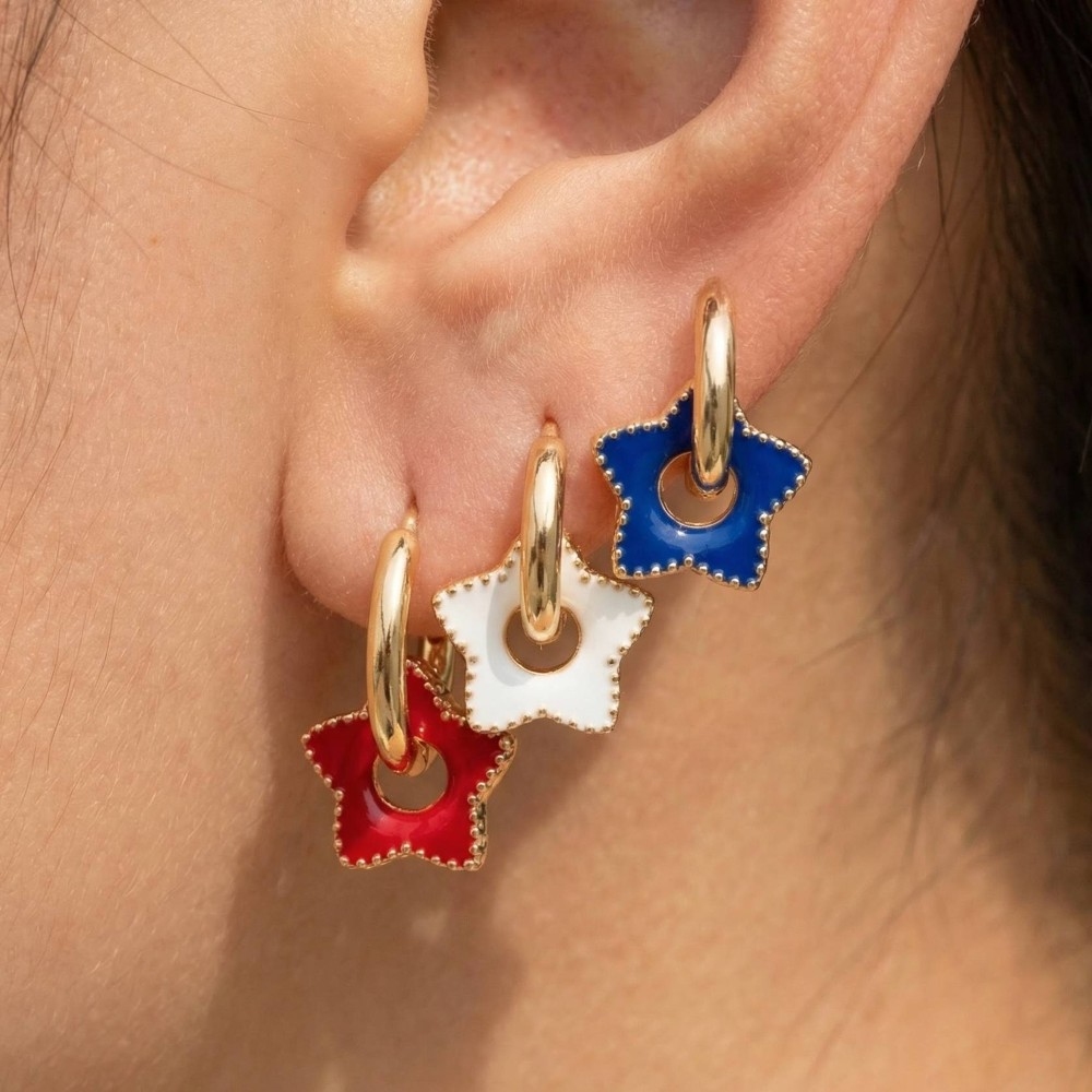 Usa Colors Enamel Star Charms Hoop Earrings Set