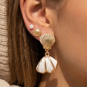 Pearl And Mixed Clam Shell Charms Sea Life Stud Earrings