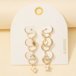 Ceramic Floral Bead Clover And Heart Hoop Earrings Set