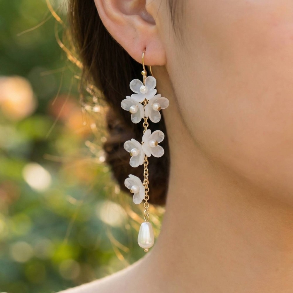Pearl And Multi Flower Cluster Chain Dangle Earrings