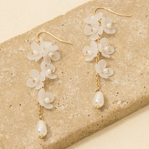 Pearl And Multi Flower Cluster Chain Dangle Earrings