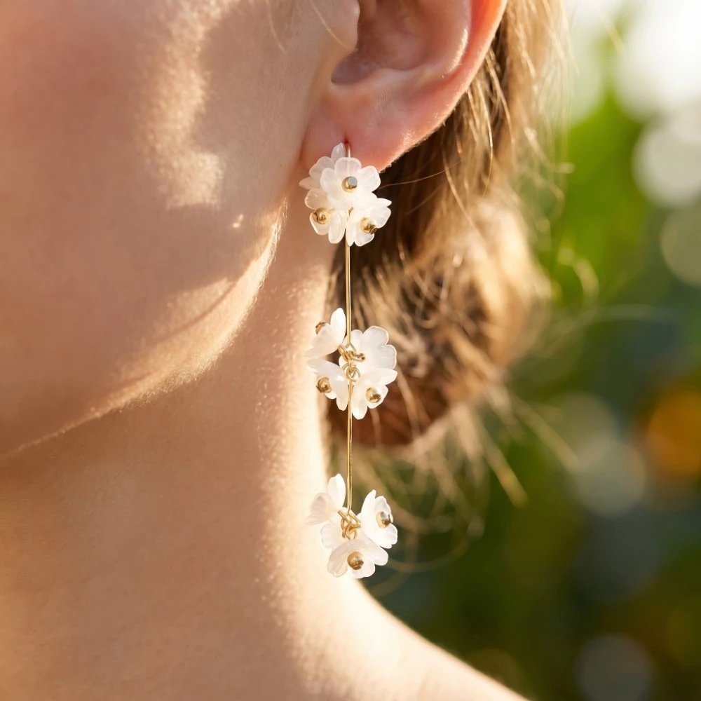Triple Flower Cluster Long Dangle Earrings