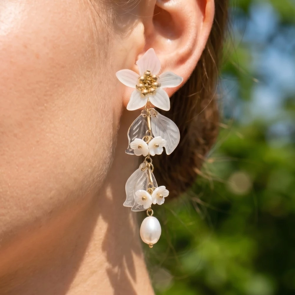 Flower And Pearls Long Chain Dangle Earrings