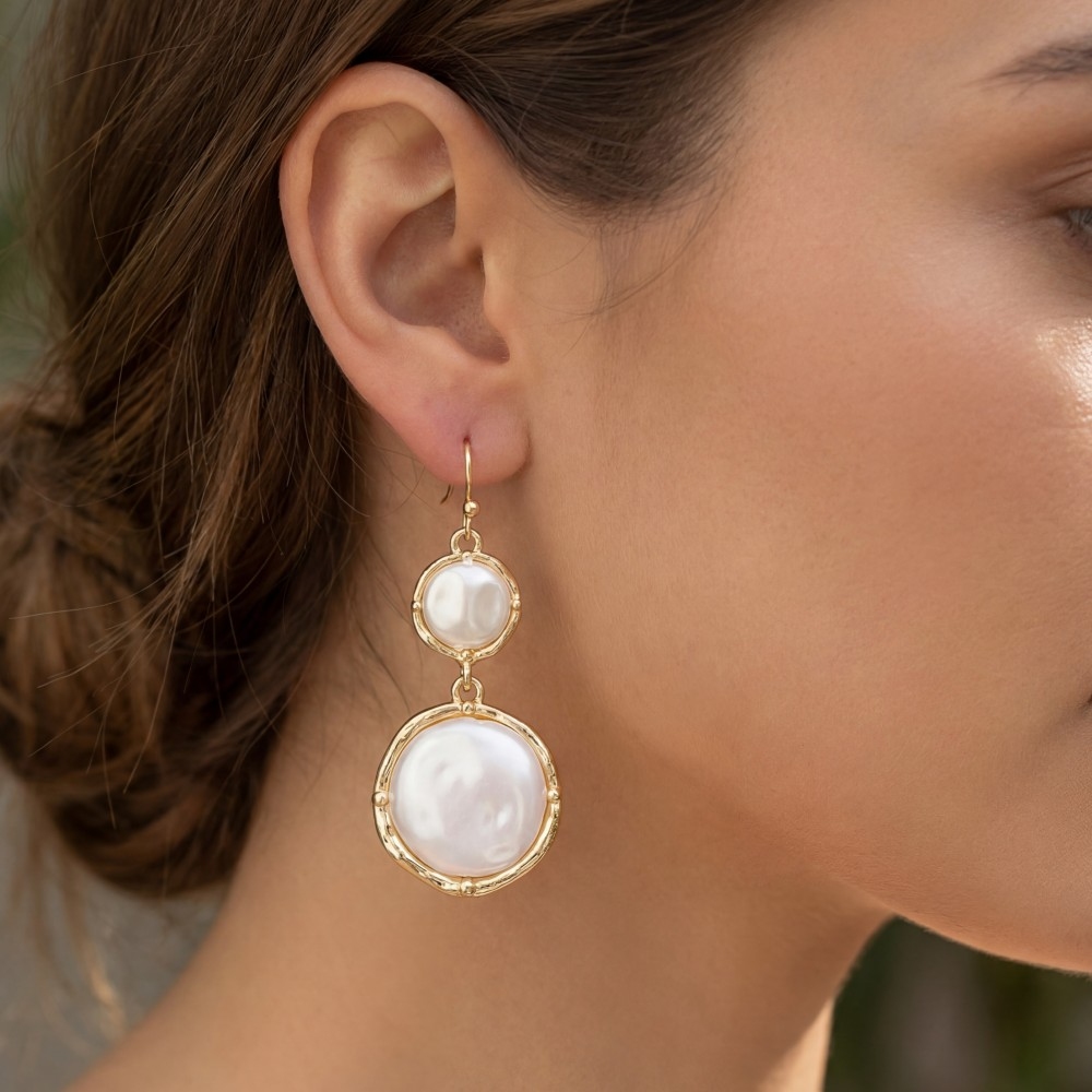 Double Circle Pearl Drop Earrings