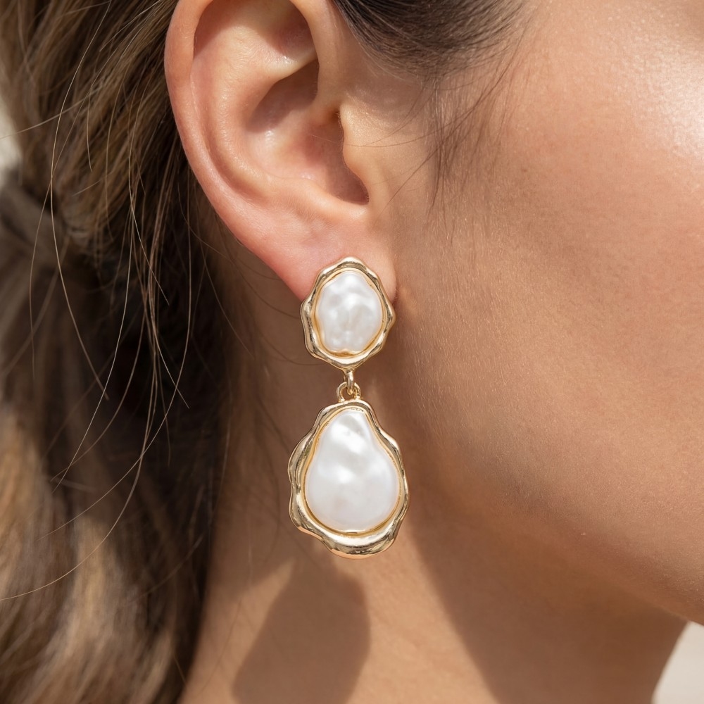 Ornate Shape Double Pearl Drop Earrings