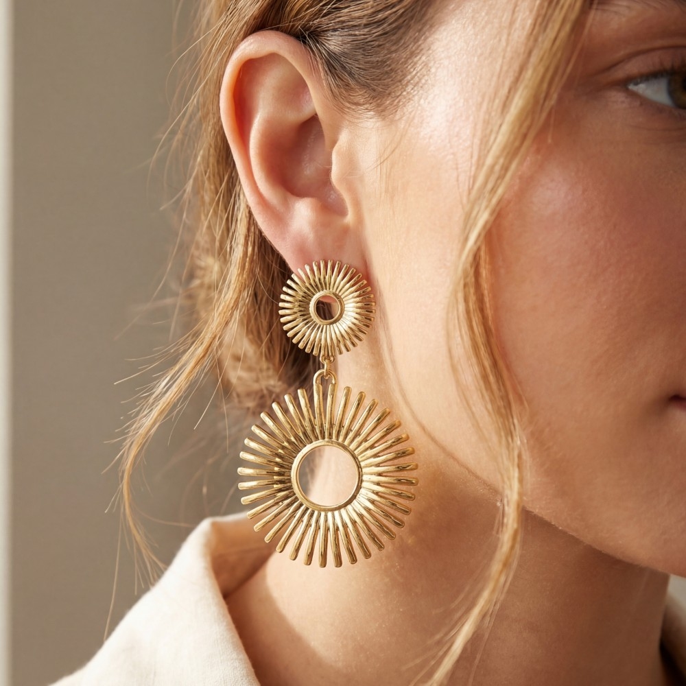 Stainless Steel Sunburst Double Drop Statement Earrings